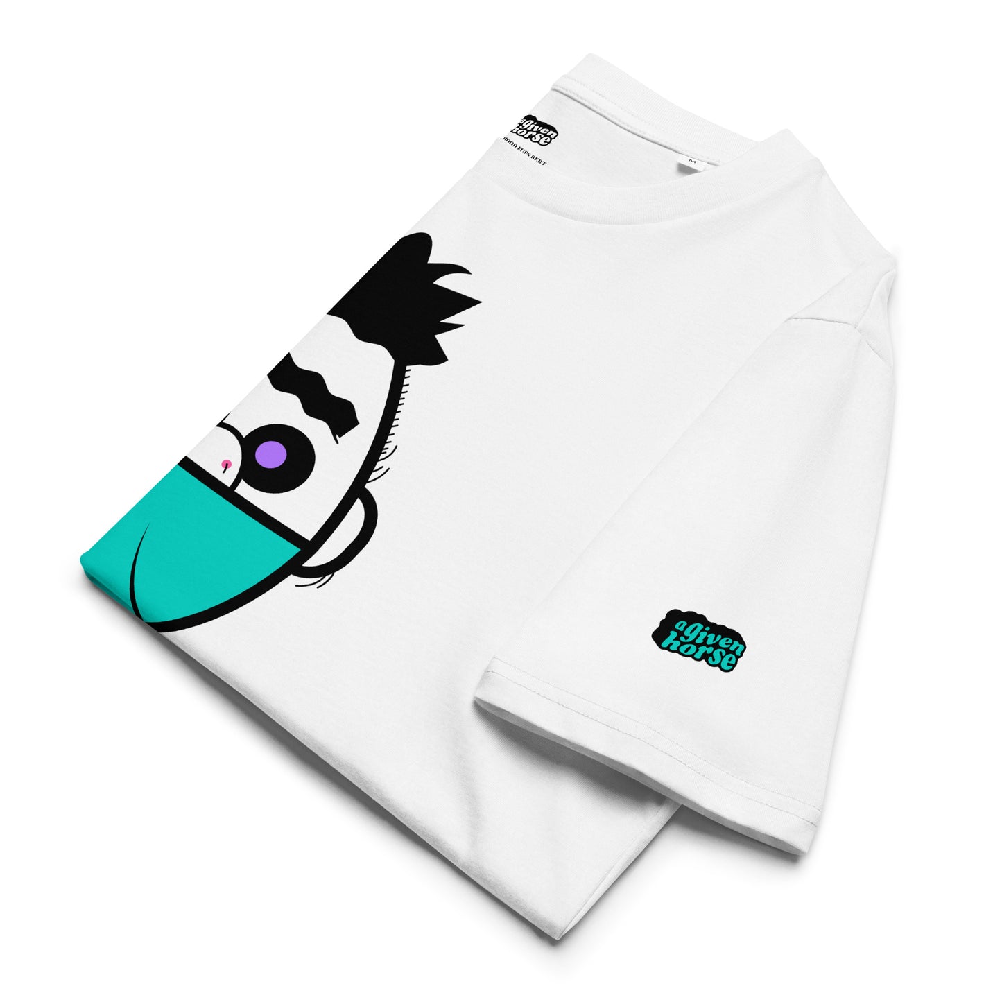 Wit T-Shirt met een afbeelding van Bert, ontwerp door De Zwarte Markt en verkrijgbaar bij cadeauwinkel 'A Given Horse'. Gevouwen.