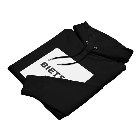 Zwarte hoodie met het BIETSR logo, ontwerp door De Zwarte Markt en verkrijgbaar bij cadeauwinkel 'A Given Horse'. Gevouwen.