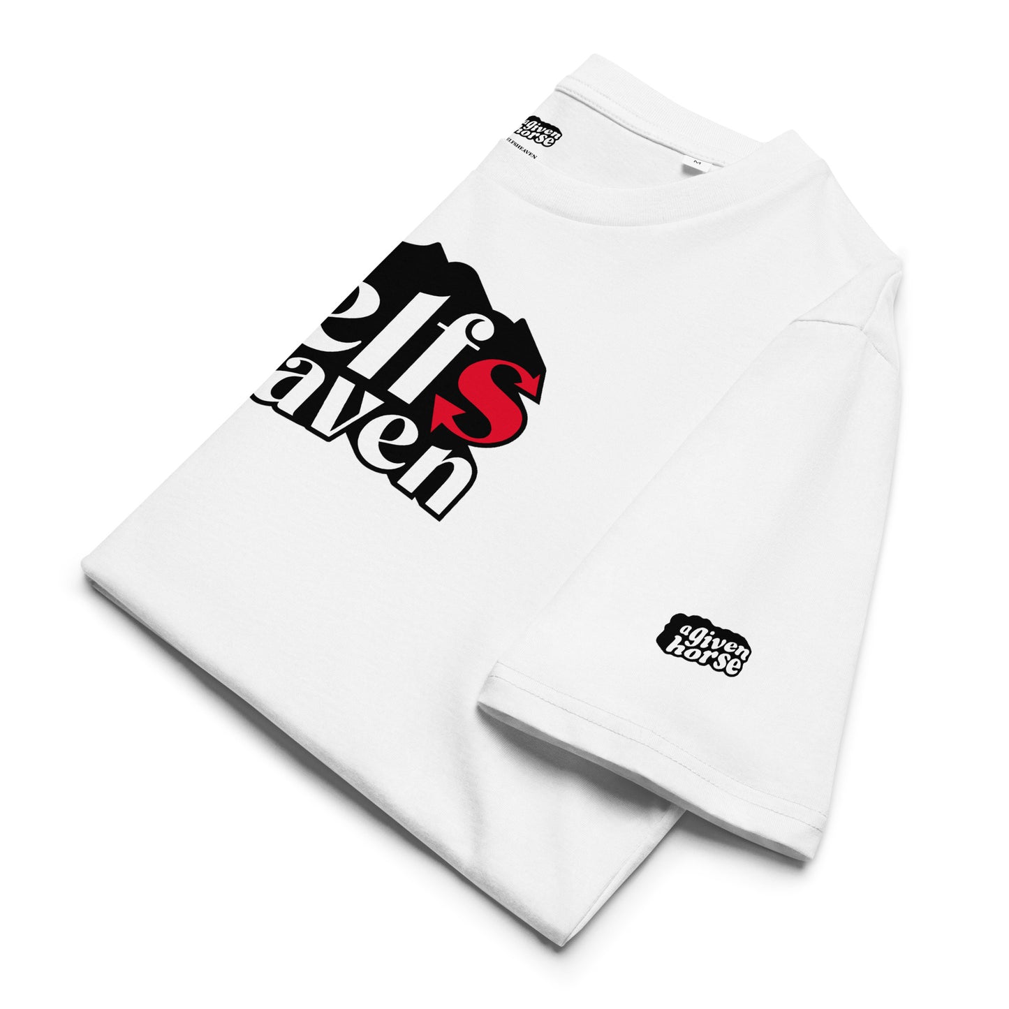 Wit T-Shirt met de tekst 'Delfsheaven', ontwerp door Matzwart en verkrijgbaar bij cadeauwinkel 'A Given Horse'. Gevouwen.