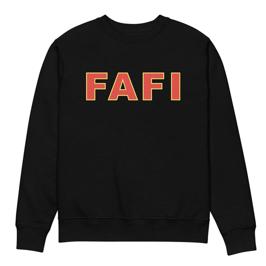 Zwarte trui met de tekst 'FAFI', ontwerp door De Zwarte Markt en verkrijgbaar bij cadeauwinkel 'A Given Horse'. Voorkant.