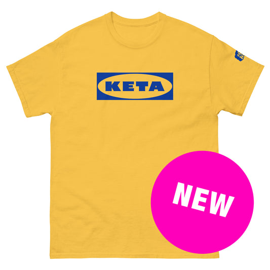 Geel T-Shirt met de tekst 'Keta', ontwerp door De Zwarte Markt en verkrijgbaar bij cadeauwinkel 'A Given Horse'. Voorkant, nieuw.