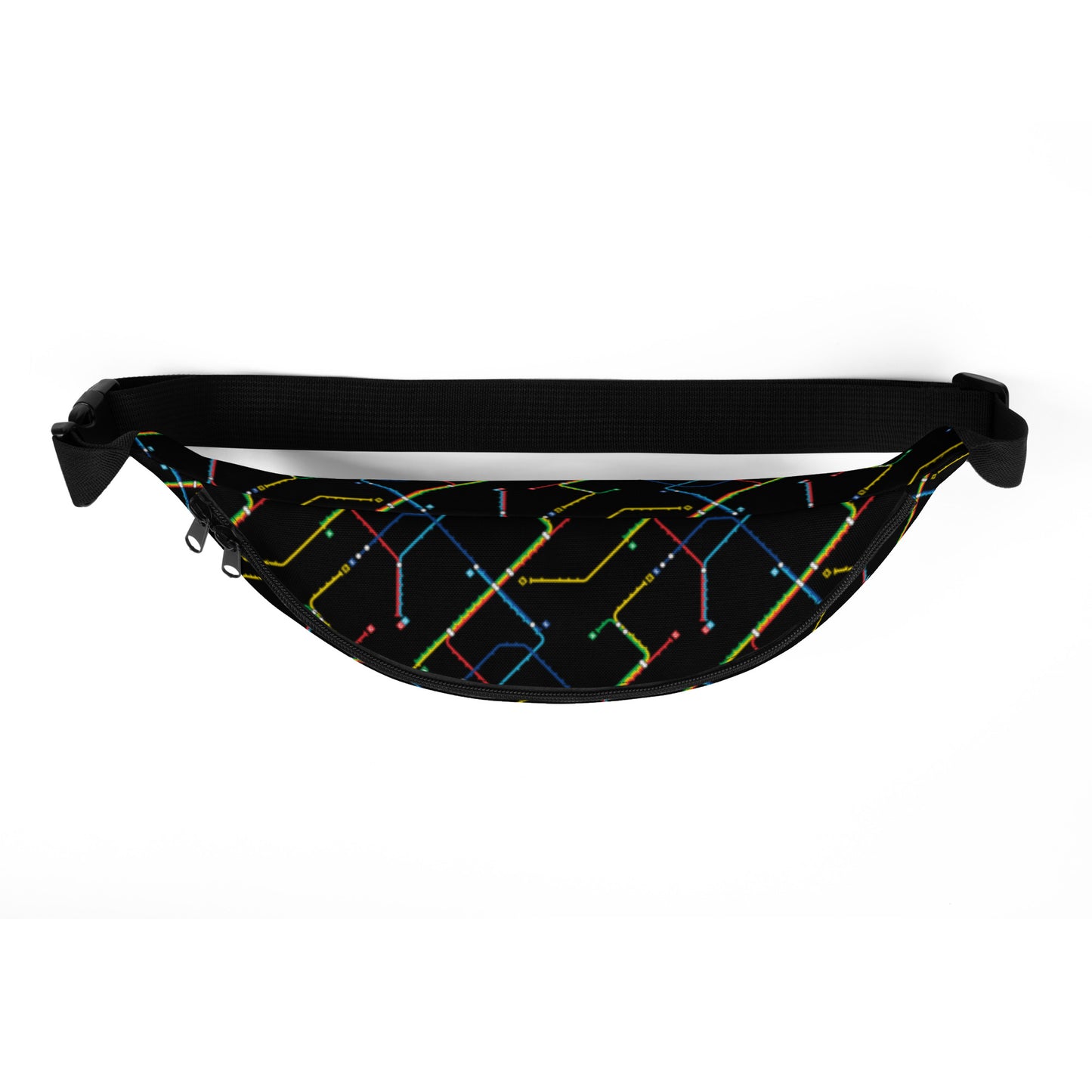 Zwarte buideltas met een all-over print van het Rotterdamse metro systeem, ontwerp door De Zwarte Markt en verkrijgbaar bij cadeauwinkel 'A Given Horse'. Bovenkant.