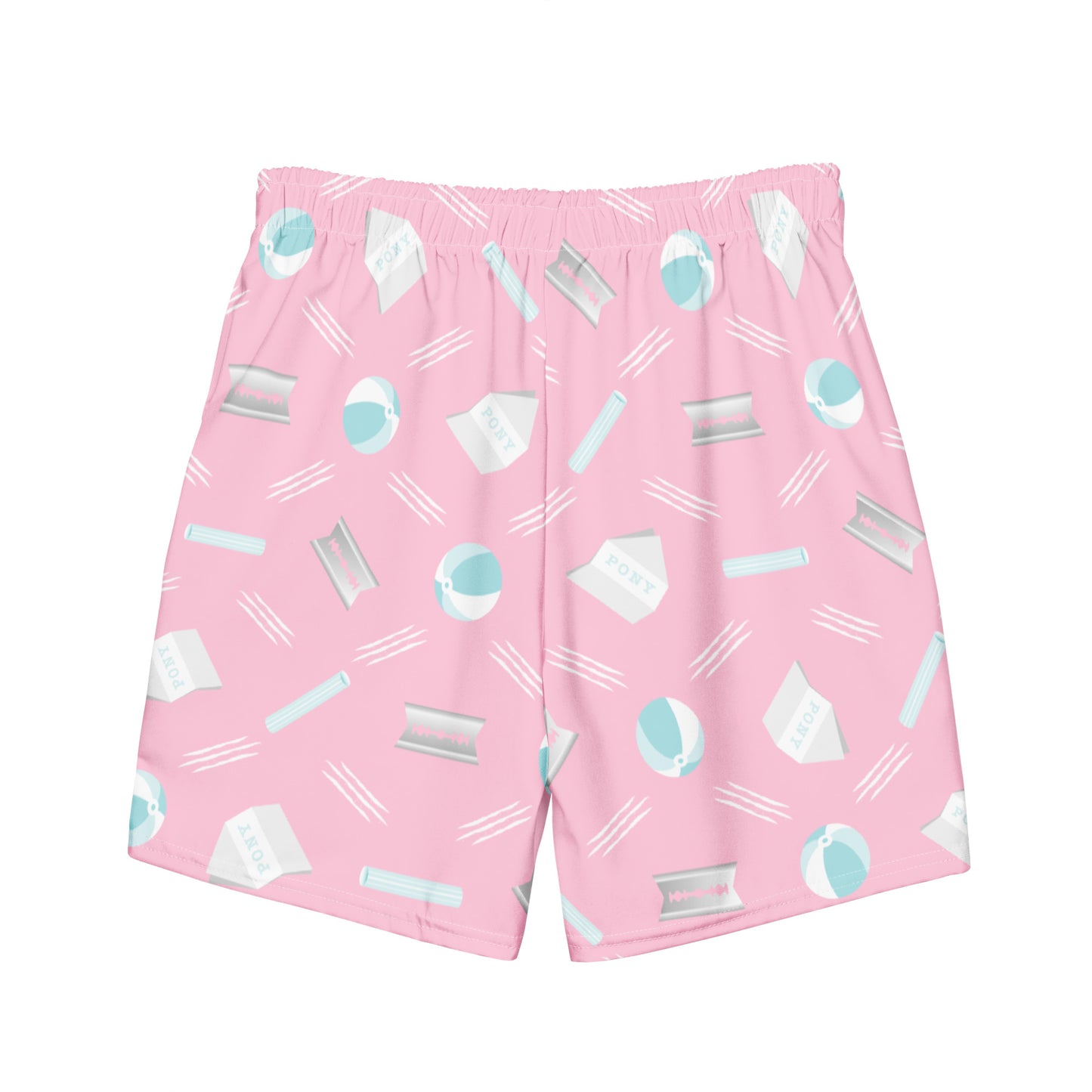 Lichtroze zwembroek met een all-over print van packies, rietjes en strandballen, ontwerp door Matzwart en verkrijgbaar bij 'A Given Horse'. Achterkant.
