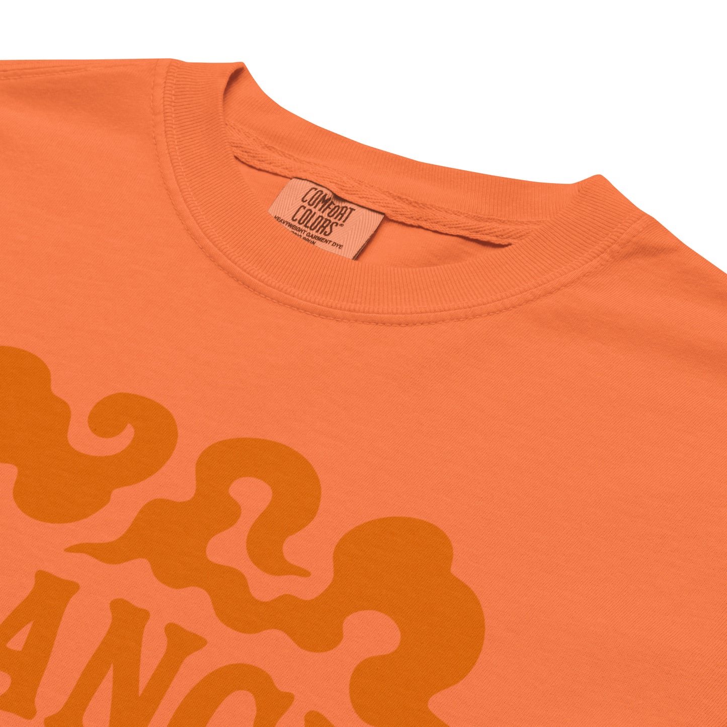 Oranje T-Shirt met de tekst 'Orange Bud', ontwerp door Lay-Z en verkrijgbaar bij cadeauwinkel 'A Given Horse'. Detail.