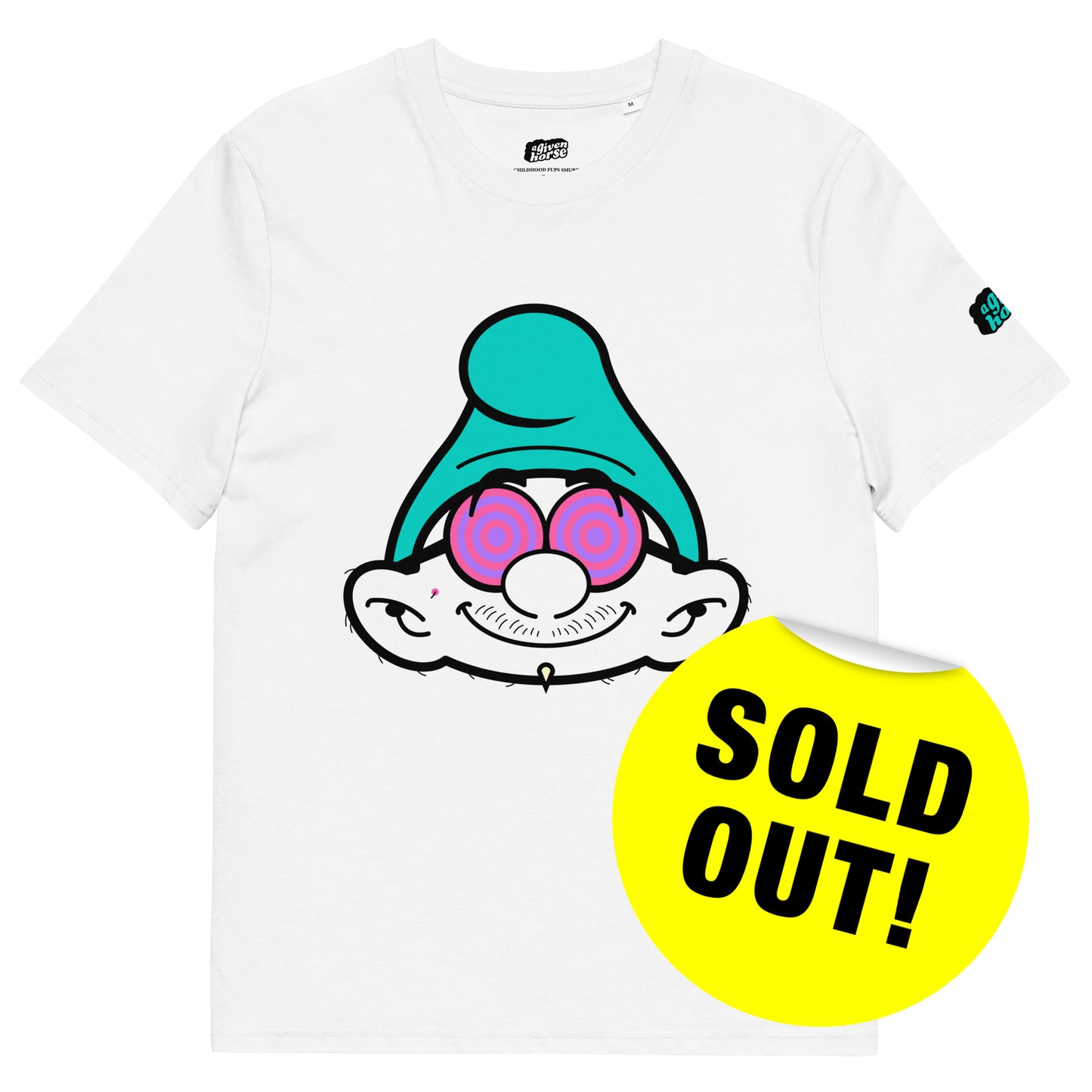 Wit T-Shirt met een afbeelding van een Smurf, ontwerp door De Zwarte Markt en verkrijgbaar bij cadeauwinkel 'A Given Horse'. Voorkant, uitverkocht.