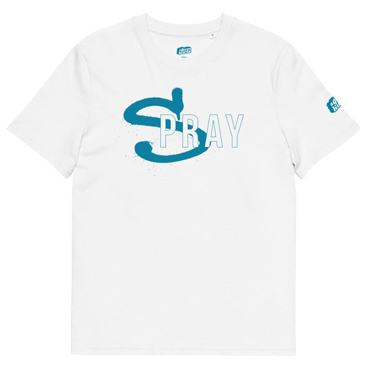 Wit T-Shirt met de tekst 'Spray', ontwerp door Matzwart en verkrijgbaar bij cadeauwinkel 'A Given Horse'. Voorkant.