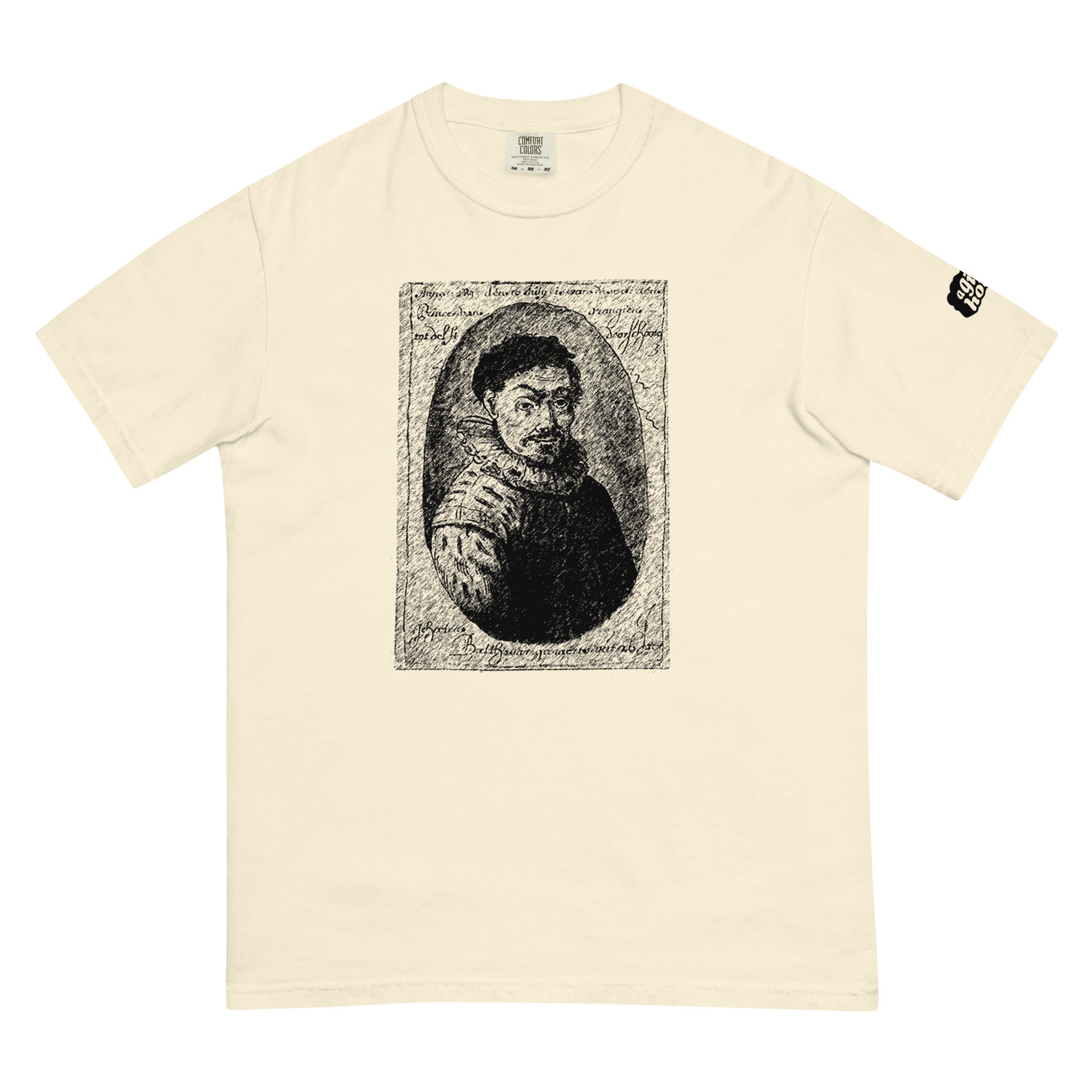 Wit T-Shirt met een afbeelding van Balthasar Gerards, ontwerp door De Zwarte Markt en verkrijgbaar bij cadeauwinkel 'A Given Horse'. Voorkant.