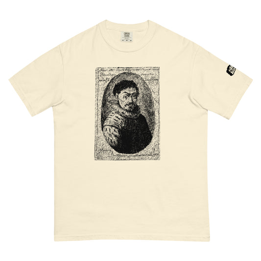 Wit T-Shirt met een afbeelding van Balthasar Gerards, ontwerp door De Zwarte Markt en verkrijgbaar bij cadeauwinkel 'A Given Horse'. Voorkant.