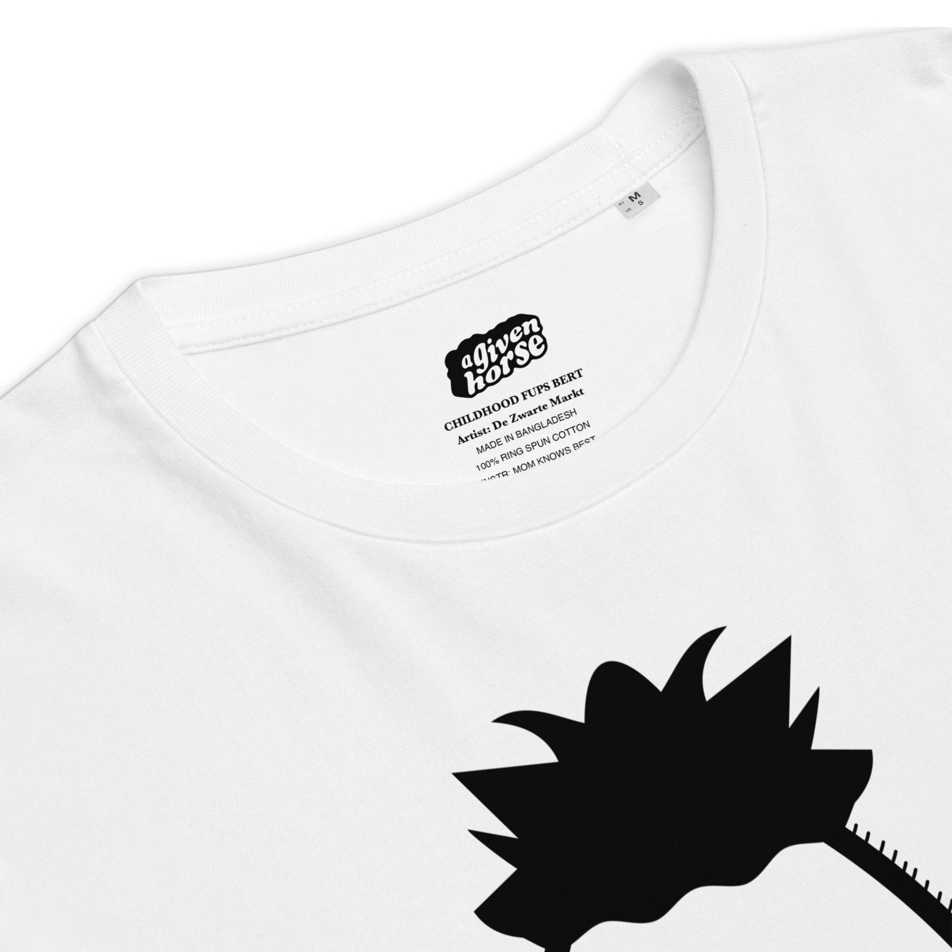 Wit T-Shirt met een afbeelding van Bert, ontwerp door De Zwarte Markt en verkrijgbaar bij cadeauwinkel 'A Given Horse'. Detail.