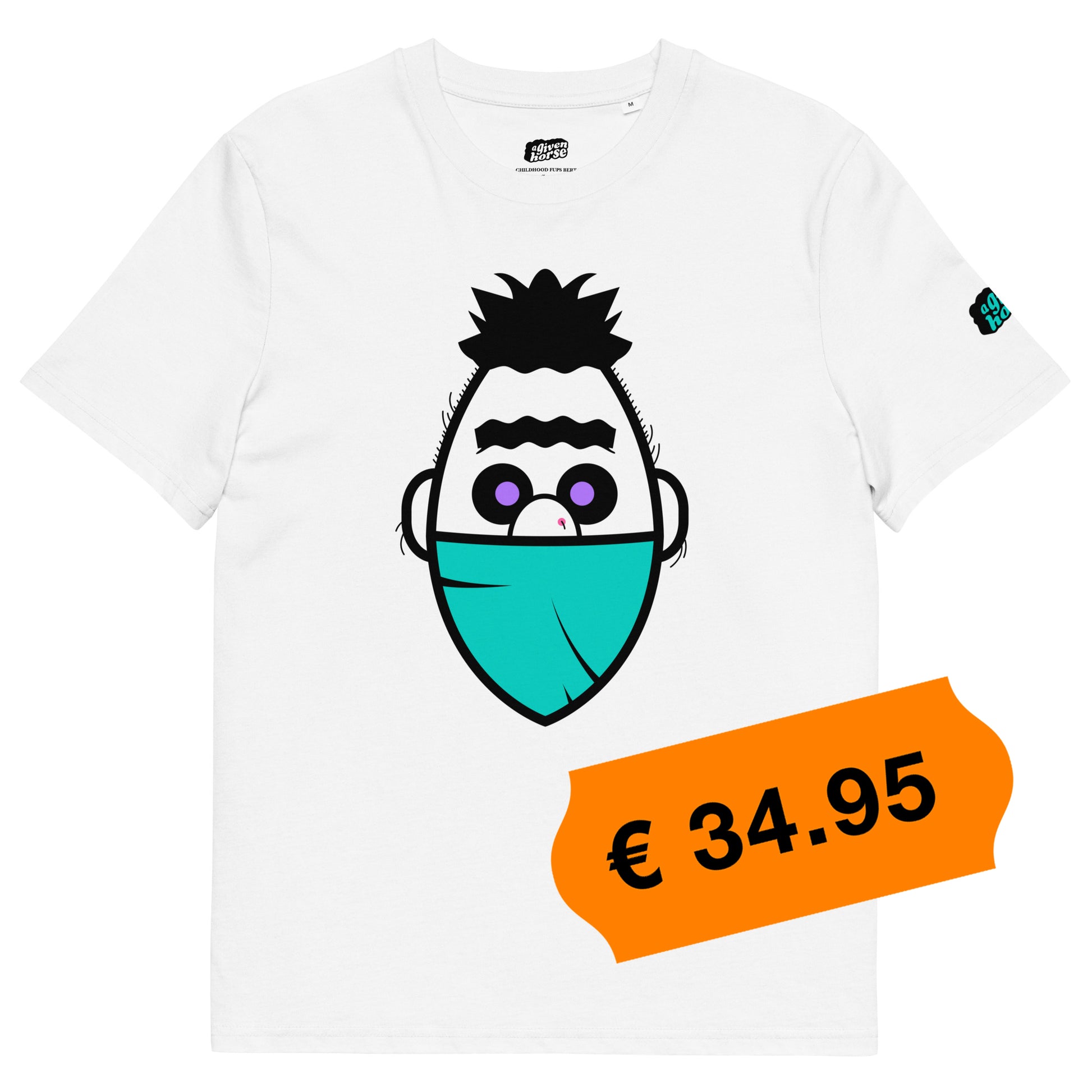 Wit T-Shirt met een afbeelding van Bert, ontwerp door De Zwarte Markt en verkrijgbaar bij cadeauwinkel 'A Given Horse'. Voorkant, prijs.