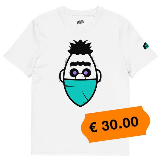 Wit T-Shirt met een afbeelding van Bert, ontwerp door De Zwarte Markt en verkrijgbaar bij cadeauwinkel 'A Given Horse'. Voorkant, prijs.