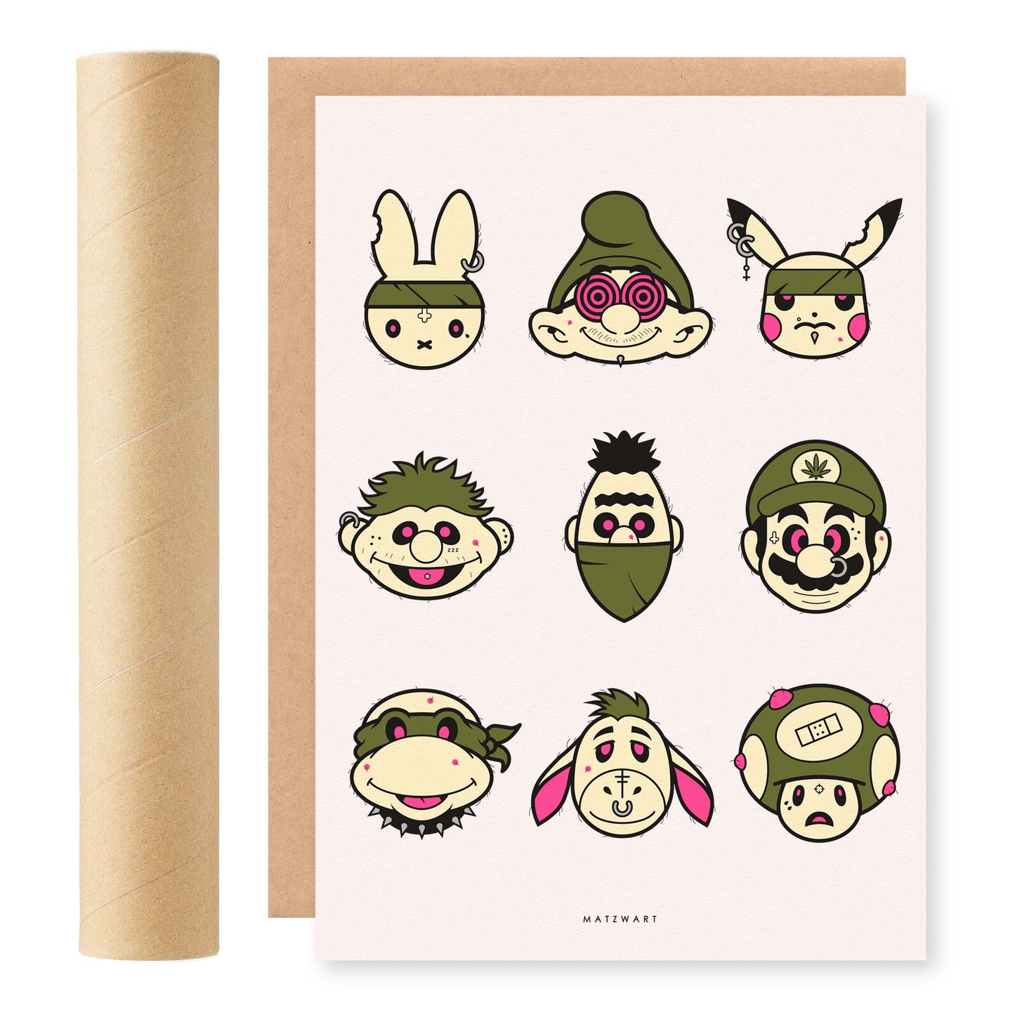 RISO print van verschillende jeugdhelden, ontwerp door De Zwarte Markt en verkrijgbaar bij cadeauwinkel 'A Given Horse'. Voorkant.