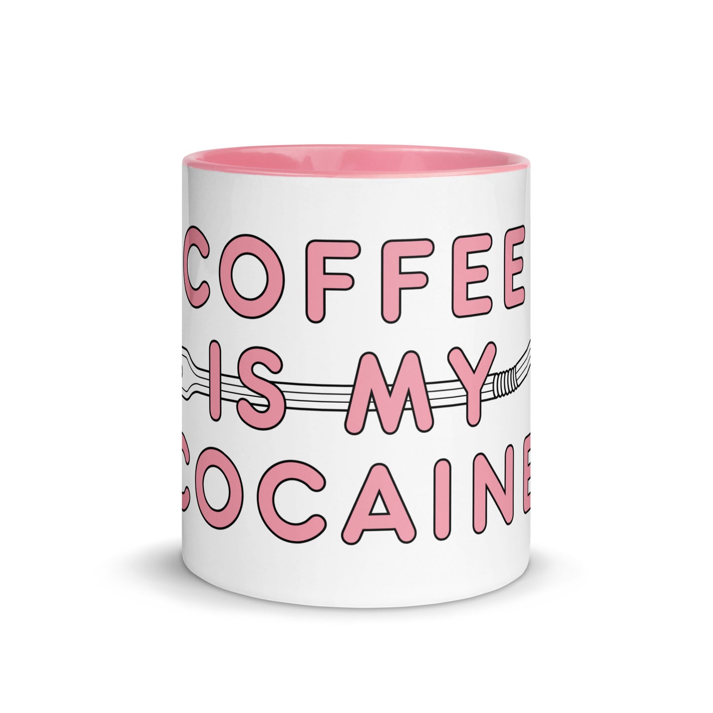Wit-roze mok met de tekst 'cocaine is my coffee', ontwerp door Matzwart en verkrijgbaar bij cadeauwinkel 'A Given Horse'. Voorkant.