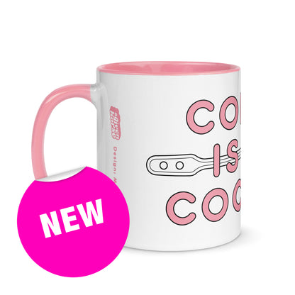 Wit-roze mok met de tekst 'cocaine is my coffee', ontwerp door Matzwart en verkrijgbaar bij cadeauwinkel 'A Given Horse'. Linkerzijkant, nieuw.