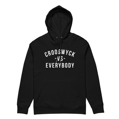 Zwarte hoodie met de tekst 'Crooswyck -VS- Everybody', ontwerp door Matzwart en verkrijgbaar bij cadeauwinkel 'A Given Horse'. Voorkant.