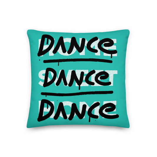 Groen kussen met de tekst 'Home Sweet Home' en 'Dance Dance Dance', ontwerp door Matzwart en verkrijgbaar bij cadeauwinkel 'A Given Horse'. Voorkant.
