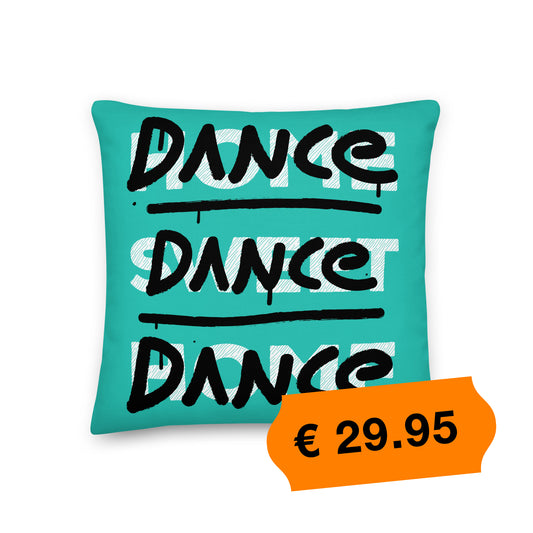 Groen kussen met de tekst 'Home Sweet Home' en 'Dance Dance Dance', ontwerp door Matzwart en verkrijgbaar bij cadeauwinkel 'A Given Horse'. Voorkant, prijs.