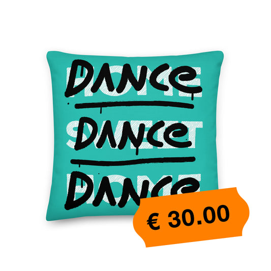 Groen kussen met de tekst 'Home Sweet Home' en 'Dance Dance Dance', ontwerp door Matzwart en verkrijgbaar bij cadeauwinkel 'A Given Horse'. Voorkant, prijs.
