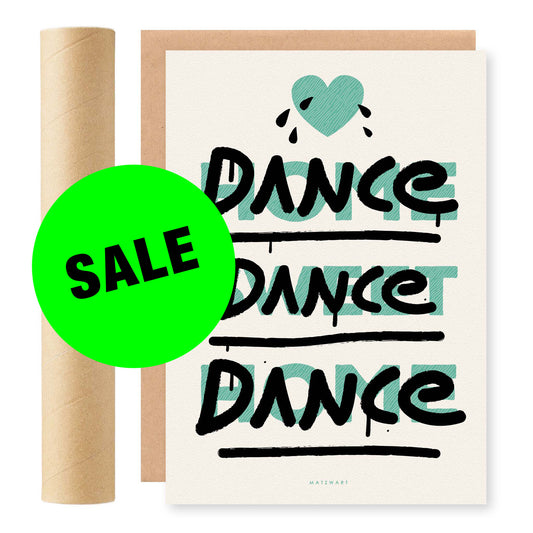 RISO print met de tekst 'Home Sweet Home' en 'Dance Dance Dance', ontwerp door Matzwart en verkrijgbaar bij cadeauwinkel 'A Given Horse'. Voorkant, aanbieding.