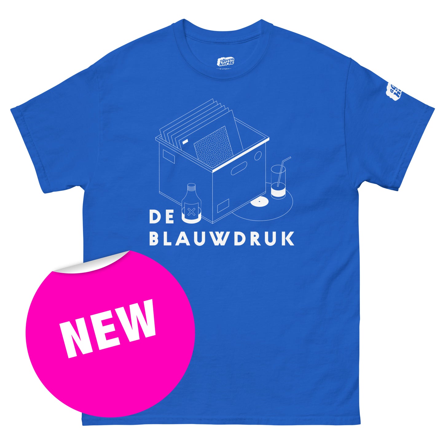 Blauw T-Shirt met het 'De Blauwdruk' logo, ontwerp door Matzwart en verkrijgbaar bij cadeauwinkel 'A Given Horse'. Voorkant, nieuw.