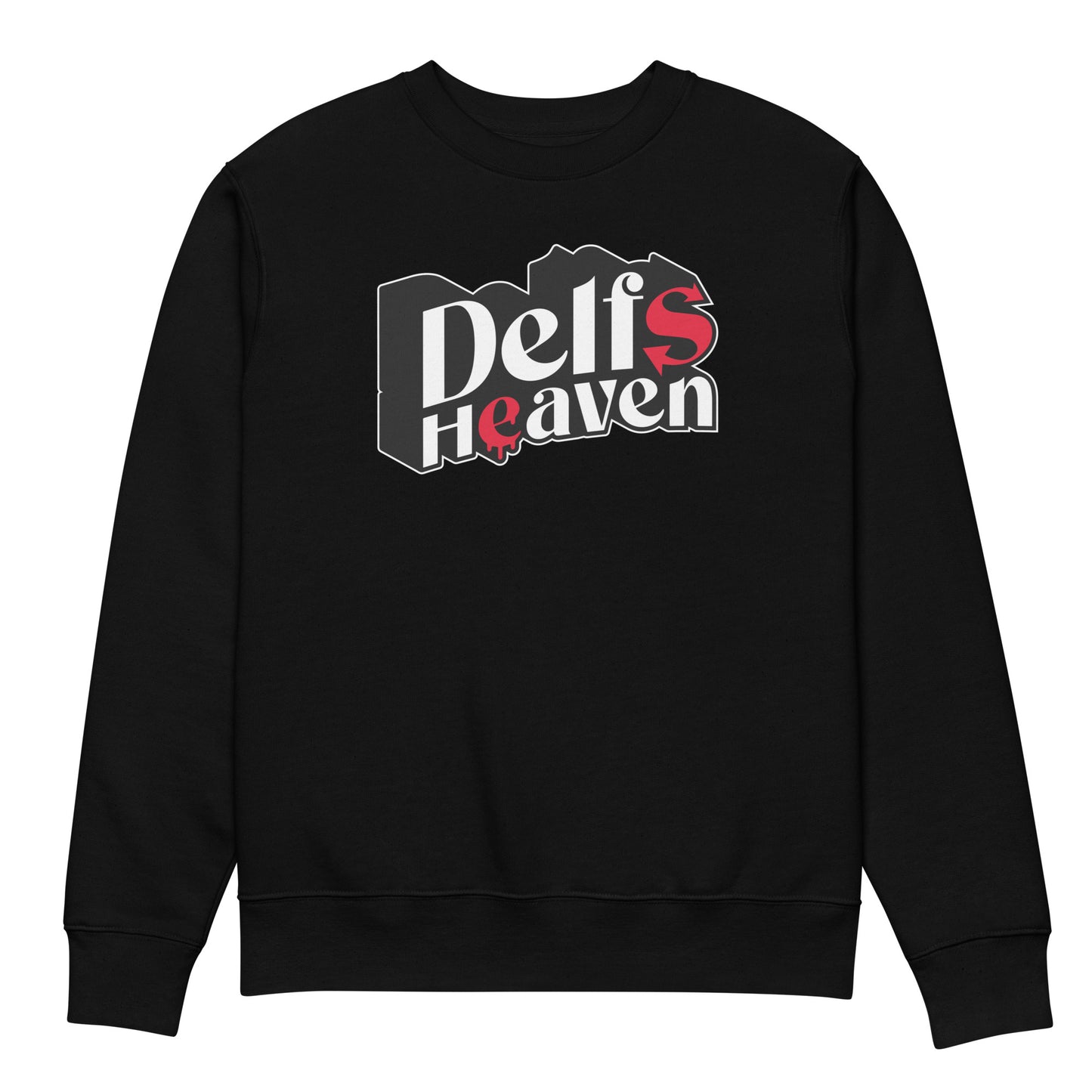 Zwarte trui met de tekst 'Delfsheaven', ontwerp door Matzwart en verkrijgbaar bij cadeauwinkel 'A Given Horse'. Voorkant.