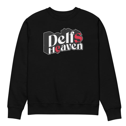 Zwarte trui met de tekst 'Delfsheaven', ontwerp door Matzwart en verkrijgbaar bij cadeauwinkel 'A Given Horse'. Voorkant.