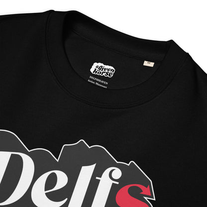 Zwarte trui met de tekst 'Delfsheaven', ontwerp door Matzwart en verkrijgbaar bij cadeauwinkel 'A Given Horse'. Detail.