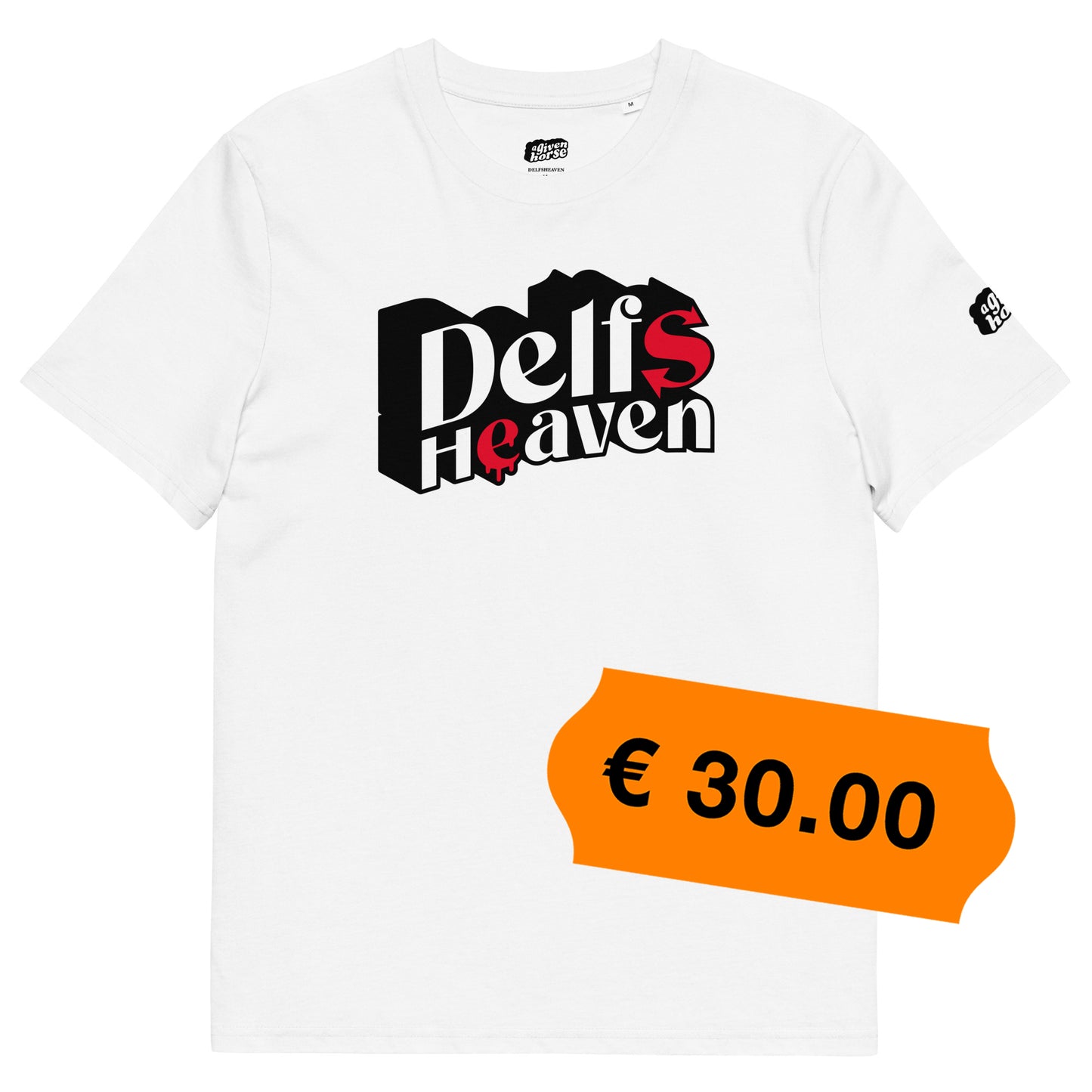 Wit T-Shirt met de tekst 'Delfsheaven', ontwerp door Matzwart en verkrijgbaar bij cadeauwinkel 'A Given Horse'. Voorkant, prijs.