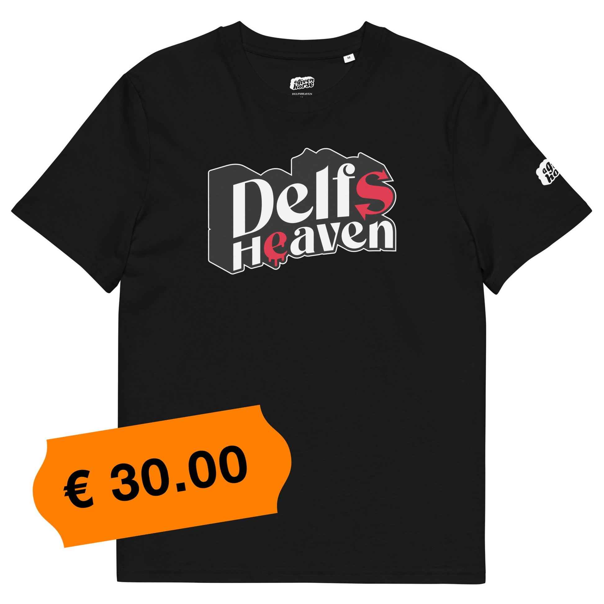 Zwart T-Shirt met de tekst 'Delfsheaven', ontwerp door Matzwart en verkrijgbaar bij cadeauwinkel 'A Given Horse'. Voorkant, prijs.