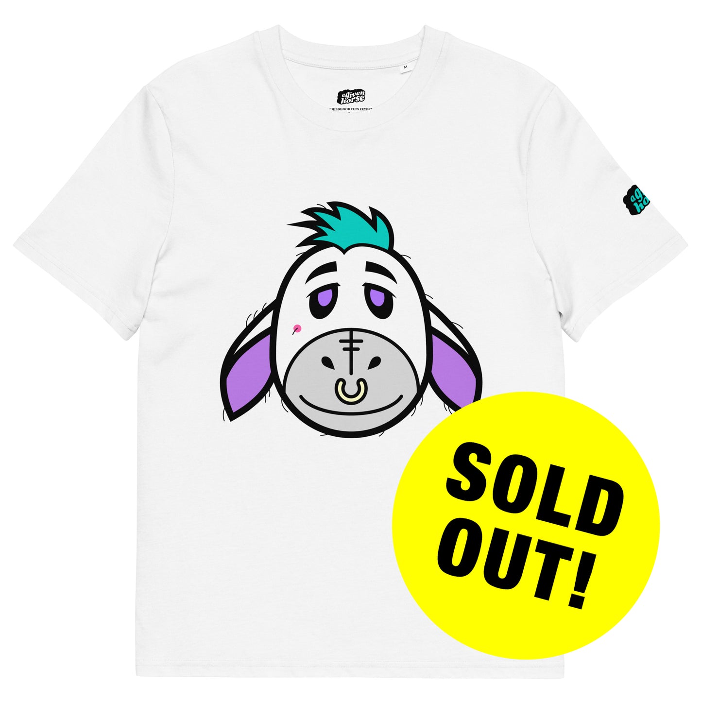 Wit T-Shirt met een afbeelding van Iejoor, ontwerp door De Zwarte Markt en verkrijgbaar bij cadeauwinkel 'A Given Horse'. Voorkant, uitverkocht.