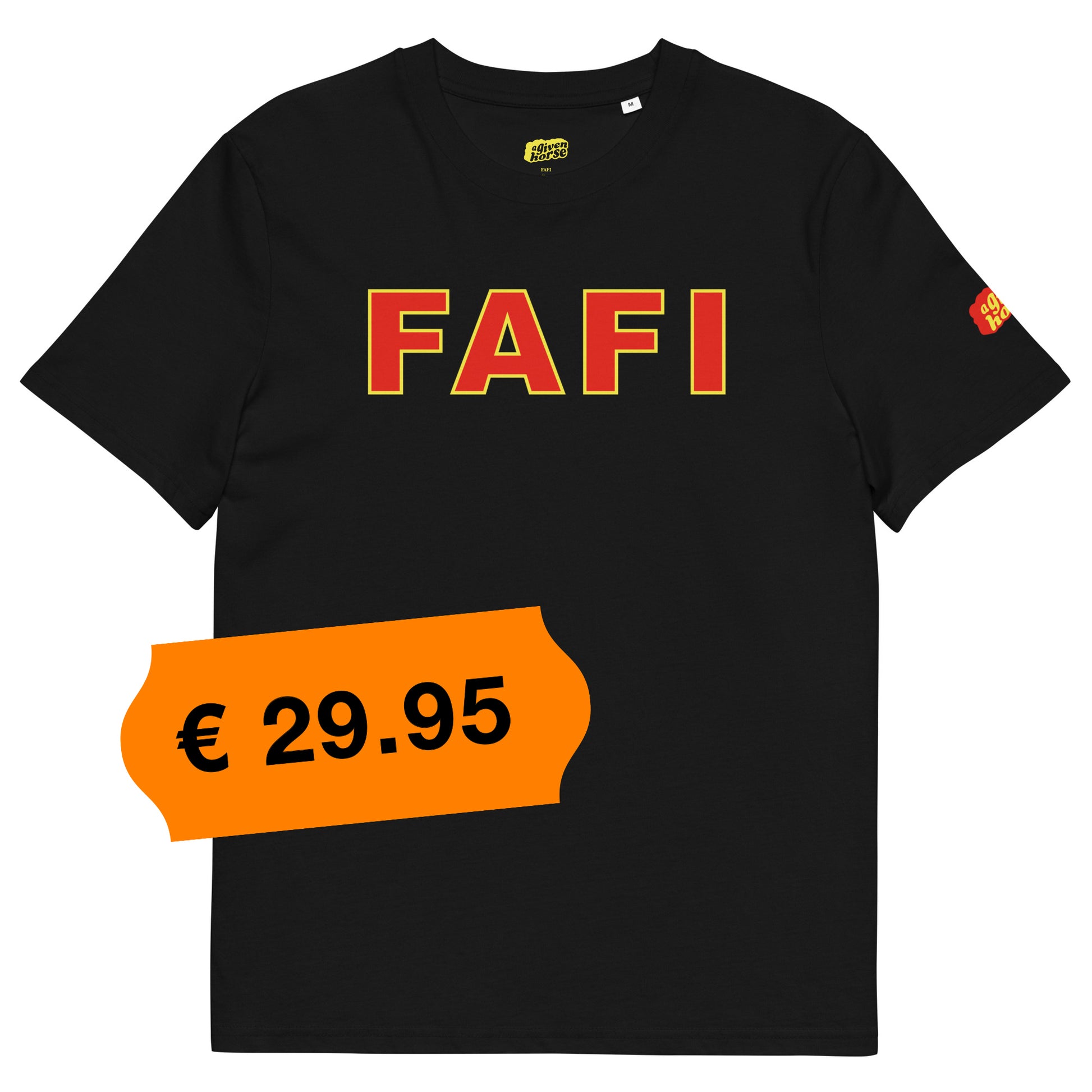 Zwart T-Shirt met de tekst 'FAFI', ontwerp door De Zwarte Markt en verkrijgbaar bij cadeauwinkel 'A Given Horse'. Voorkant, prijs.