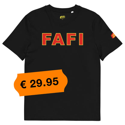 Zwart T-Shirt met de tekst 'FAFI', ontwerp door De Zwarte Markt en verkrijgbaar bij cadeauwinkel 'A Given Horse'. Voorkant, prijs.