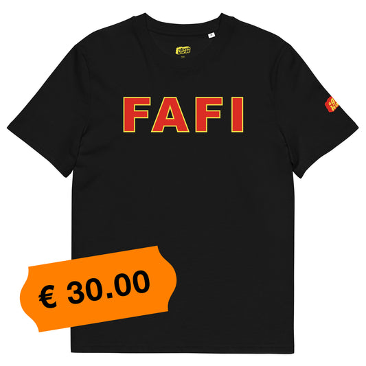 Zwart T-Shirt met de tekst 'FAFI', ontwerp door De Zwarte Markt en verkrijgbaar bij cadeauwinkel 'A Given Horse'. Voorkant, prijs.