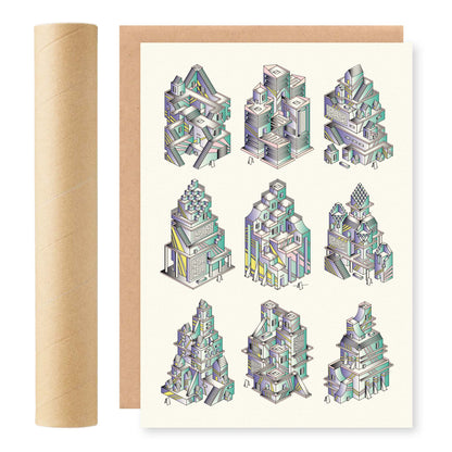 RISO print van isometrische tempels, ontwerp door Matzwart en verkrijgbaar bij cadeauwinkel 'A Given Horse'. Voorkant.