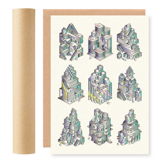 RISO print van isometrische tempels, ontwerp door Matzwart en verkrijgbaar bij cadeauwinkel 'A Given Horse'. Voorkant.