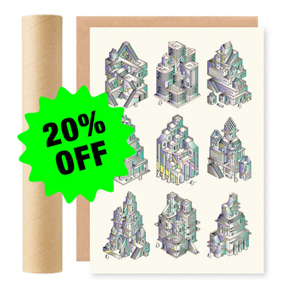 RISO print van isometrische tempels, ontwerp door Matzwart en verkrijgbaar bij cadeauwinkel 'A Given Horse'. Voorkant, afgeprijsd.