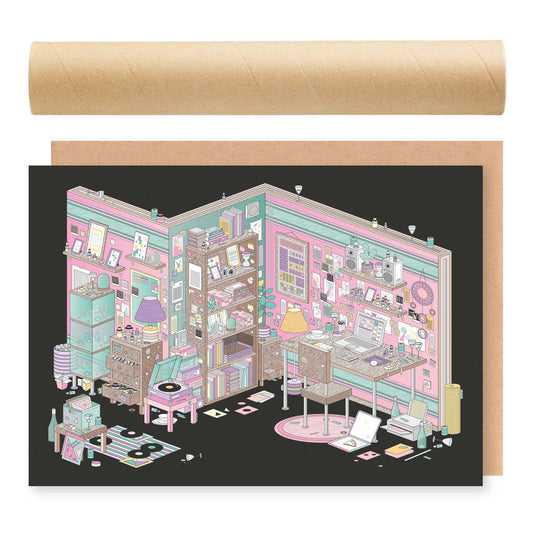 Print met een zoekplaatje in de vorm van een meisjeskamer, ontwerp door Matzwart en verkrijgbaar bij cadeauwinkel 'A Given Horse'. Voorkant