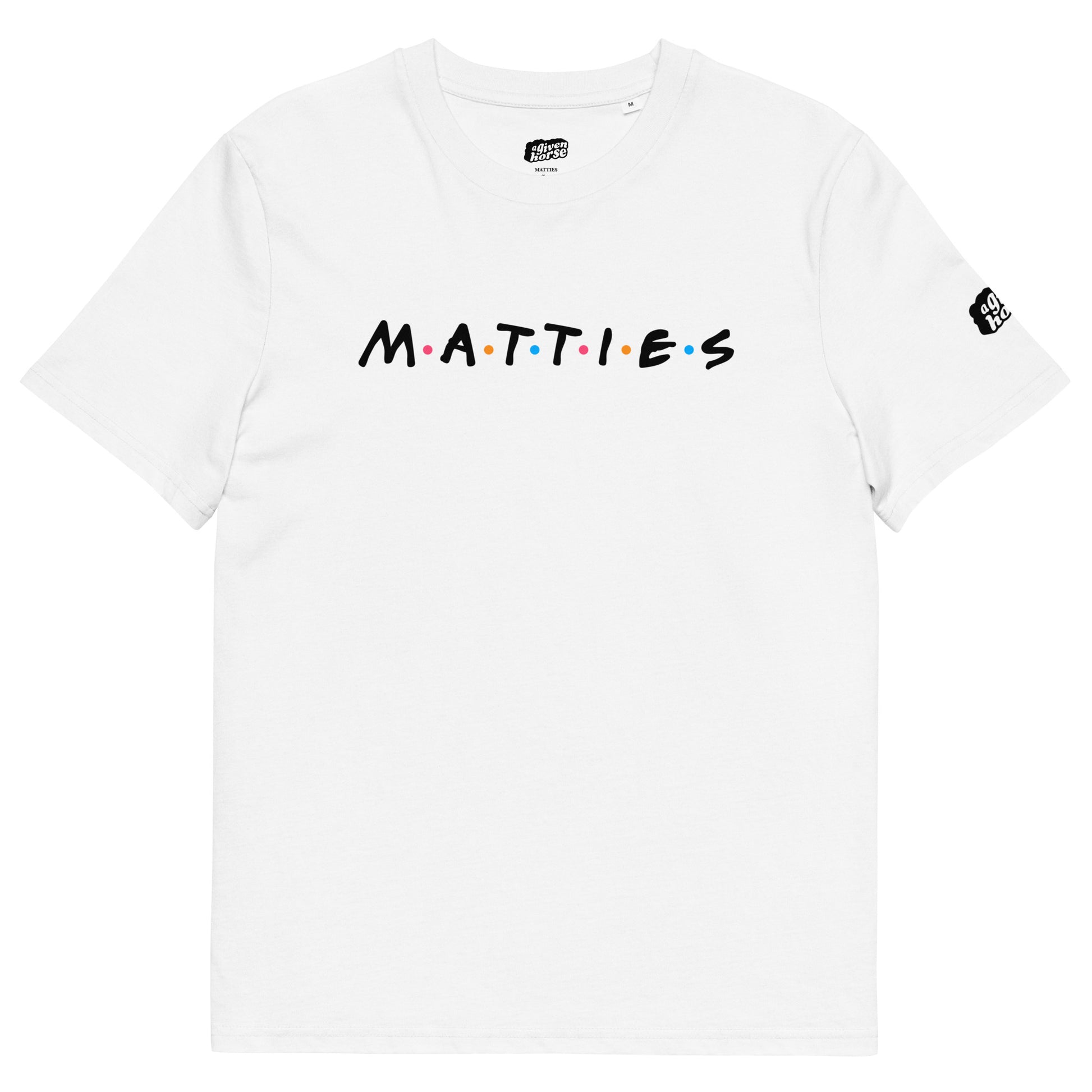 Wit T-Shirt met de tekst 'Matties', ontwerp door De Zwarte Markt en verkrijgbaar bij cadeauwinkel 'A Given Horse'. Voorkant.