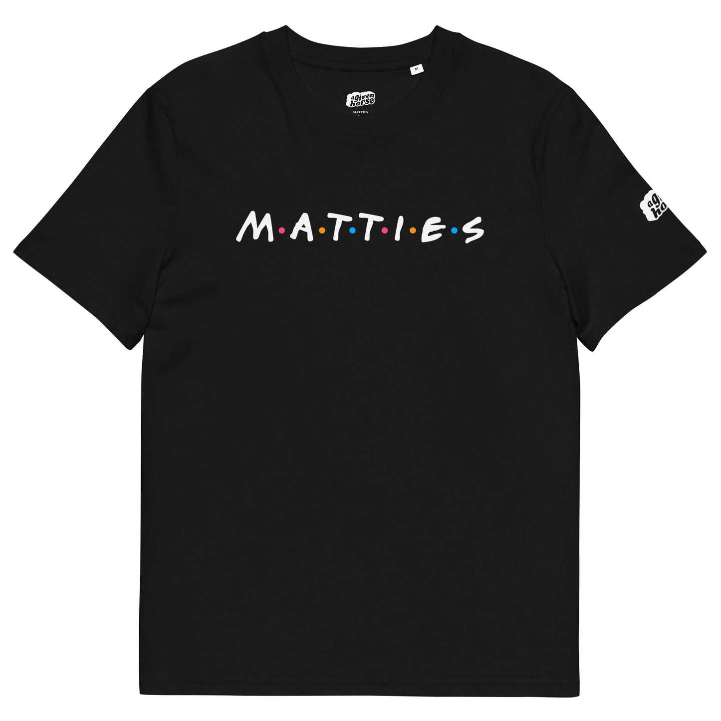 Zwart T-Shirt met de tekst 'Matties', ontwerp door De Zwarte Markt en verkrijgbaar bij cadeauwinkel 'A Given Horse'. Voorkant.