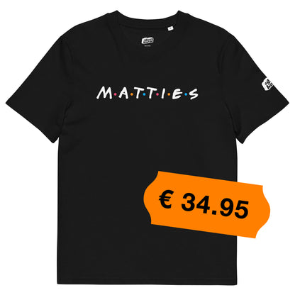 Zwart T-Shirt met de tekst 'Matties', ontwerp door De Zwarte Markt en verkrijgbaar bij cadeauwinkel 'A Given Horse'. Voorkant, prijs.