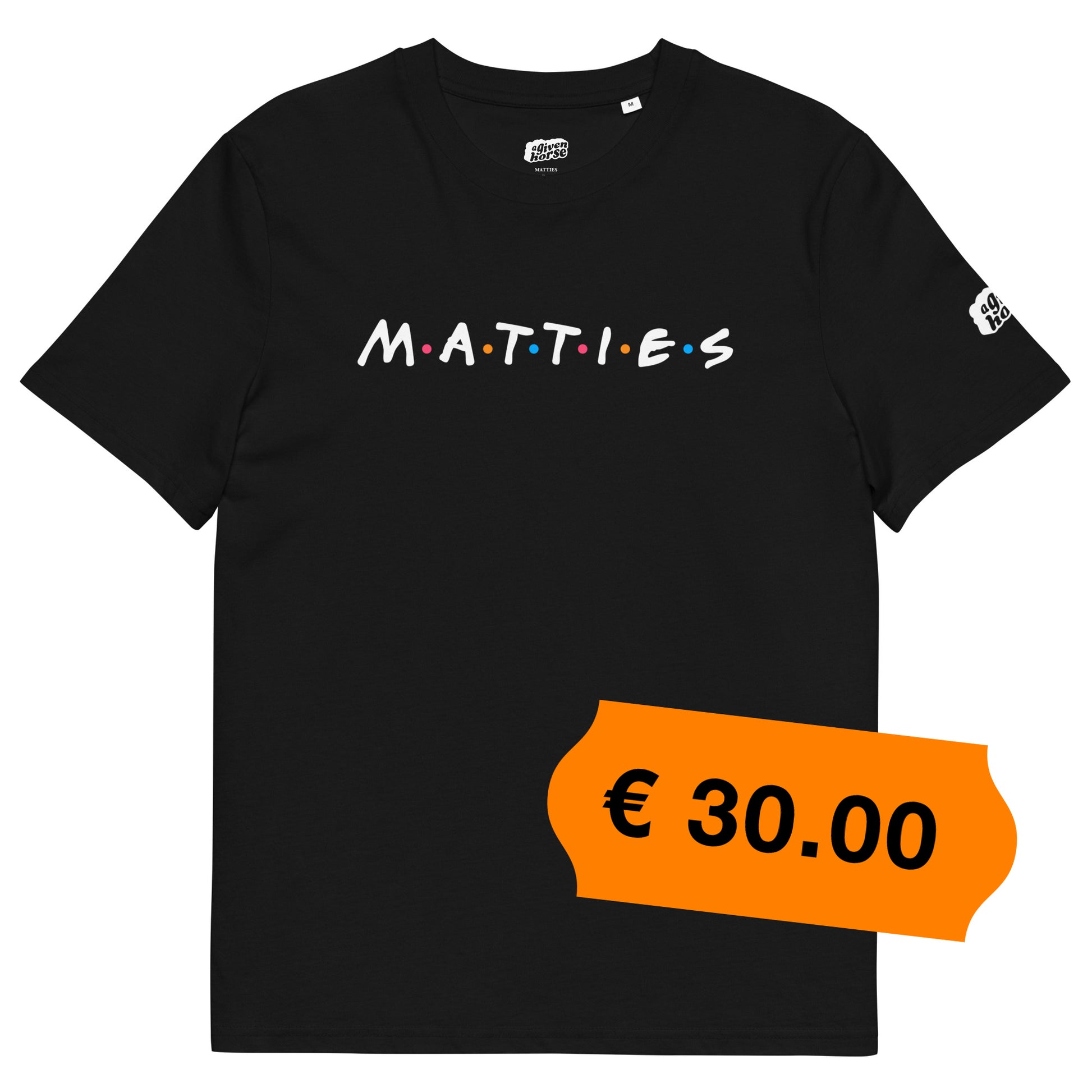 Zwart T-Shirt met de tekst 'Matties', ontwerp door De Zwarte Markt en verkrijgbaar bij cadeauwinkel 'A Given Horse'. Voorkant, prijs.