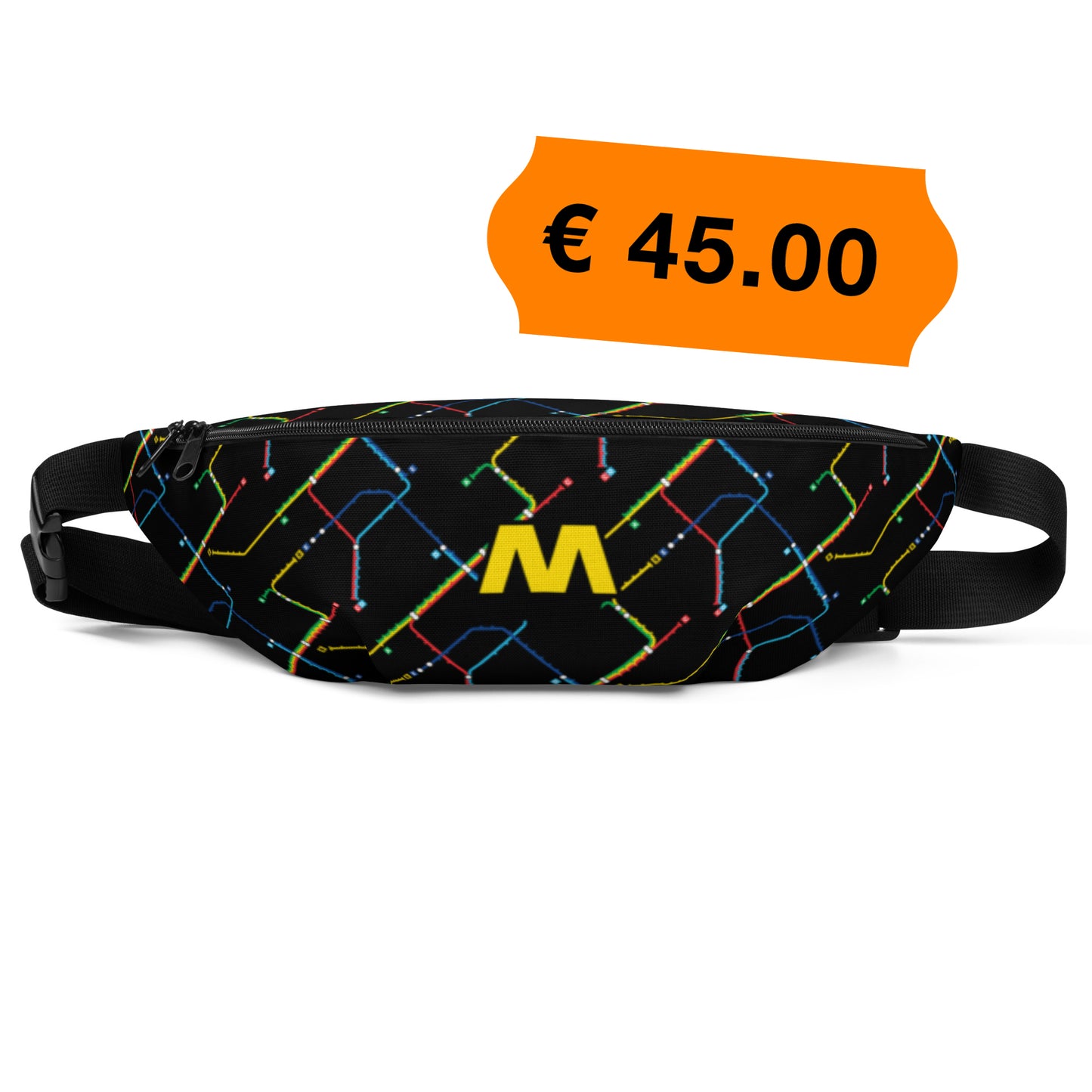 Zwarte buideltas met een all-over print van het Rotterdamse metro systeem, ontwerp door De Zwarte Markt en verkrijgbaar bij cadeauwinkel 'A Given Horse'. Voorkant, prijs.