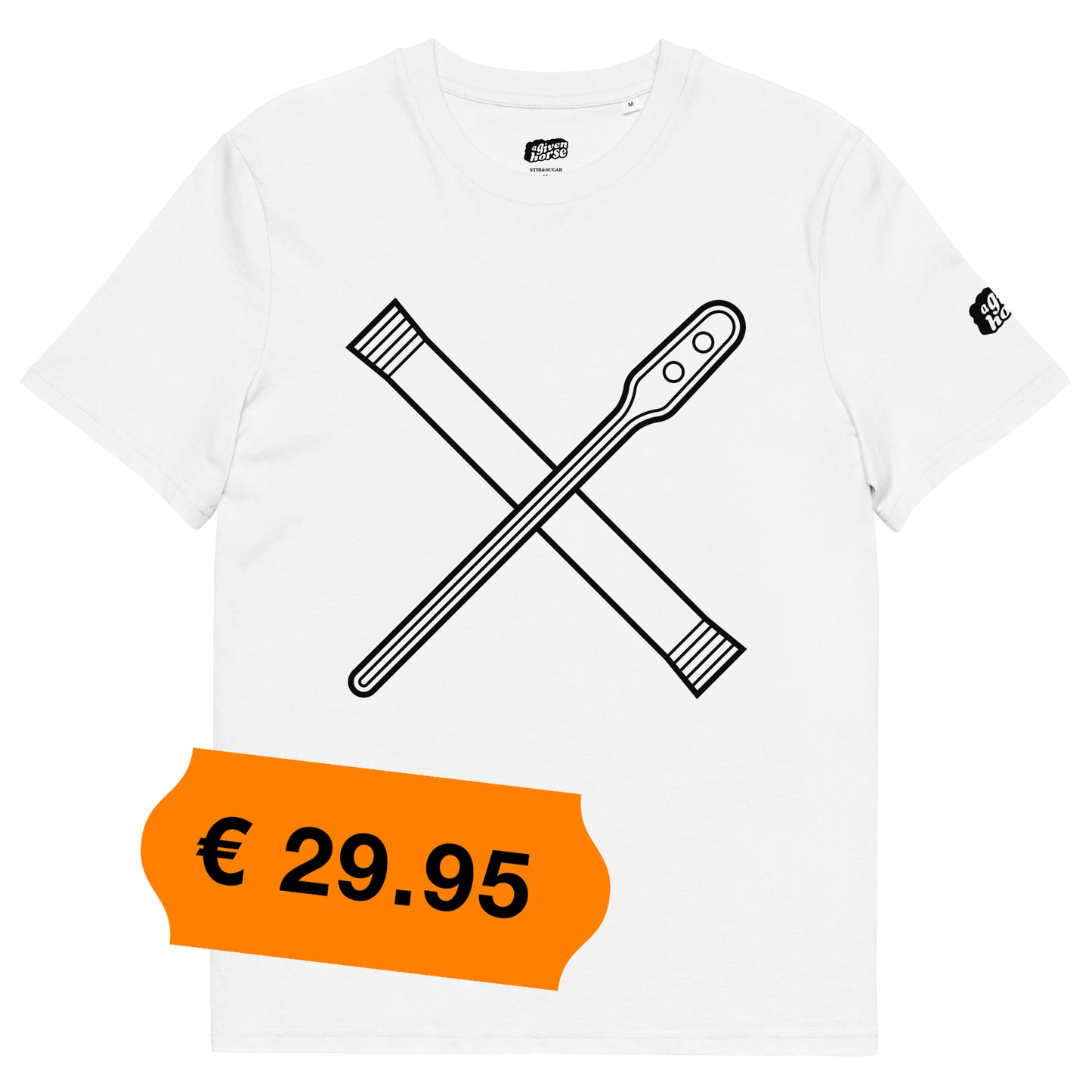 Wit T-Shirt met een afbeelding van een roerstaaf en een zakje melkpoeder, ontwerp door Matzwart en verkrijgbaar bij cadeauwinkel 'A Given Horse'. Voorkant, prijs.