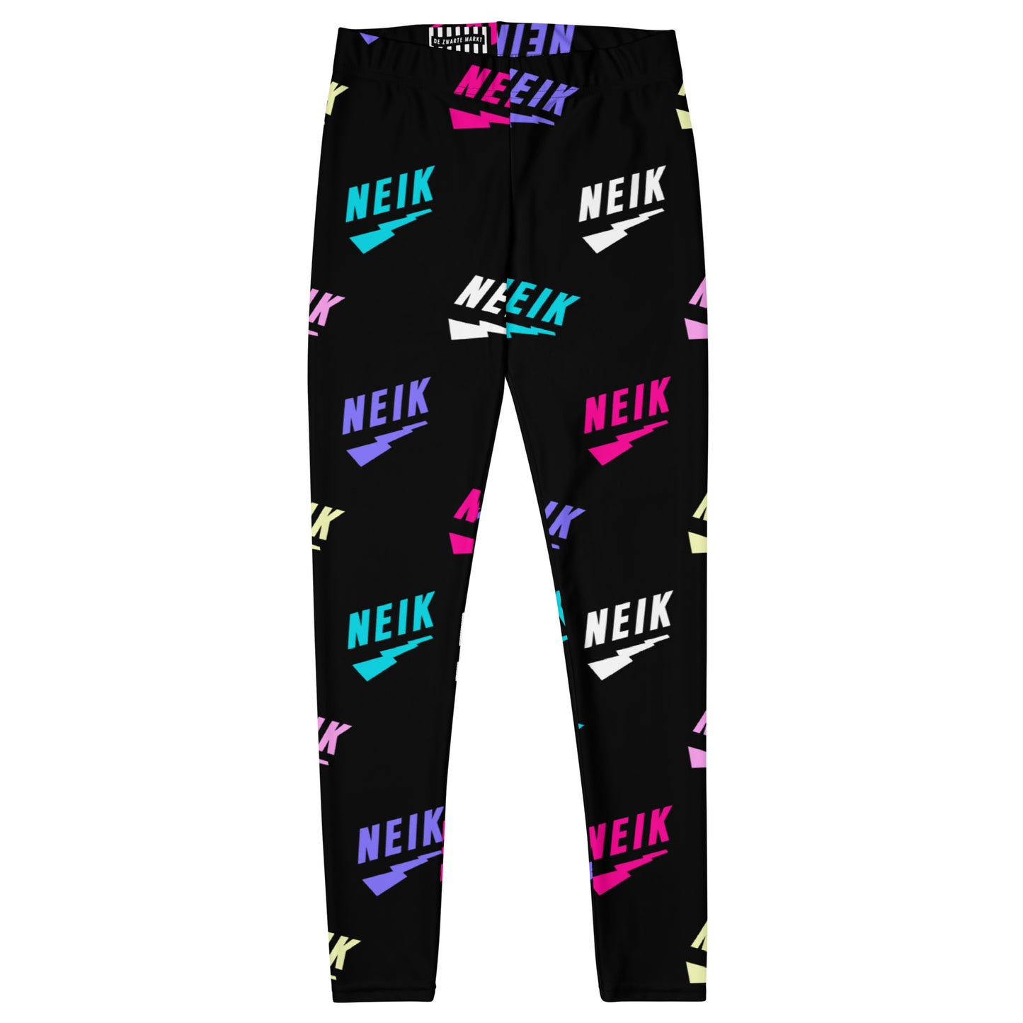 Zwarte legging met een all-over print van het NEIK logo, ontwerp door De Zwarte Markt en verkrijgbaar bij cadeauwinkel 'A Given Horse'. Voorkant.