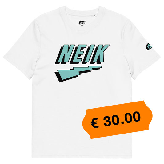 Wit T-Shirt met het NEIK logo, ontwerp door De Zwarte Markt en verkrijgbaar bij cadeauwinkel 'A Given Horse'. Voorkant, prijs.