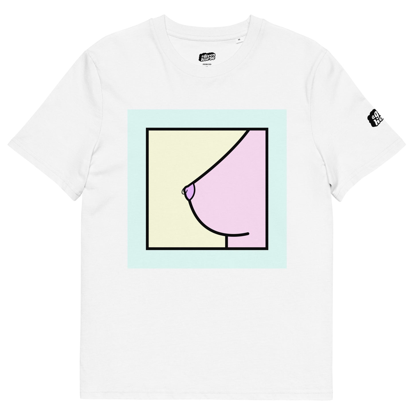 Wit T-Shirt met een afbeelding van een tepelpiercing, ontwerp door Matzwart en verkrijgbaar bij cadeauwinkel 'A Given Horse'. Voorkant.