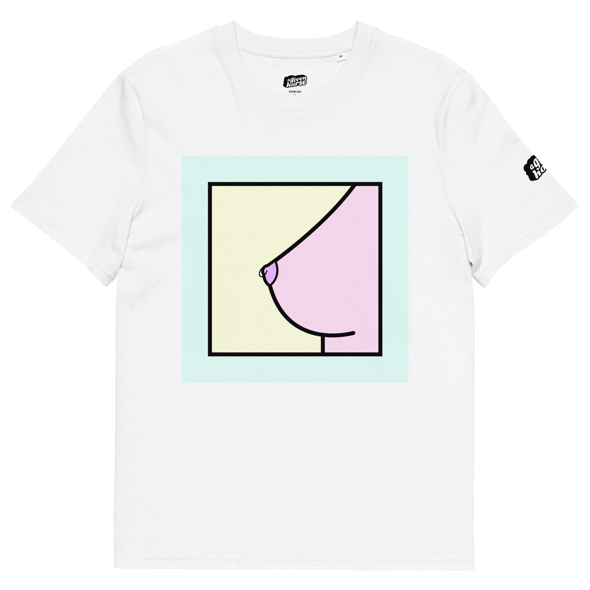 Wit T-Shirt met een afbeelding van een tepelpiercing, ontwerp door Matzwart en verkrijgbaar bij cadeauwinkel 'A Given Horse'. Voorkant.