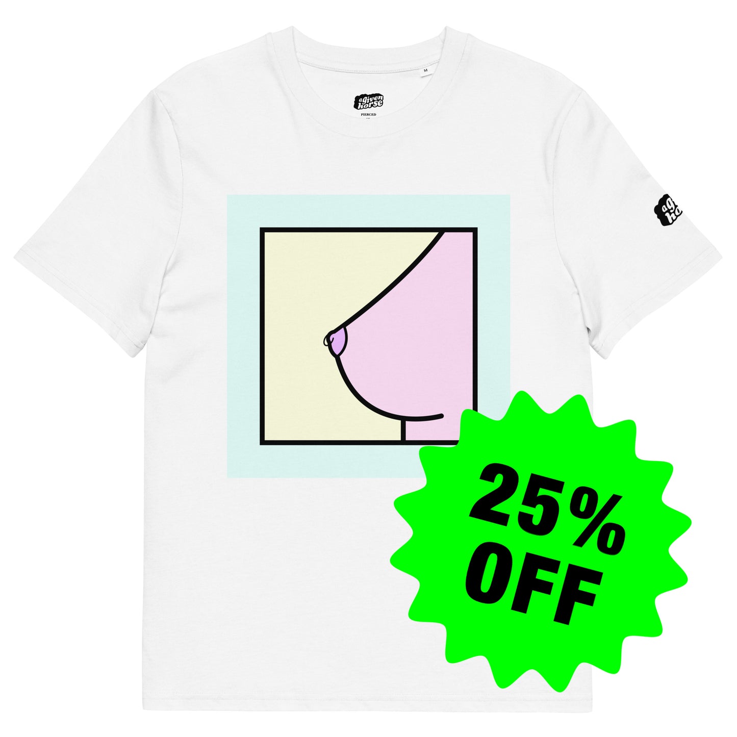 Wit T-Shirt met een afbeelding van een tepelpiercing, ontwerp door Matzwart en verkrijgbaar bij cadeauwinkel 'A Given Horse'. Voorkant, afgeprijsd.