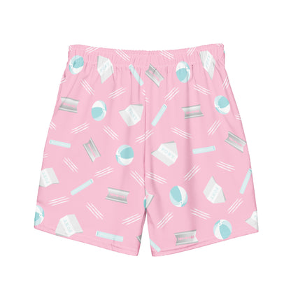 Lichtroze zwembroek met een all-over print van packies, rietjes en strandballen, ontwerp door Matzwart en verkrijgbaar bij 'A Given Horse'. Achterkant.