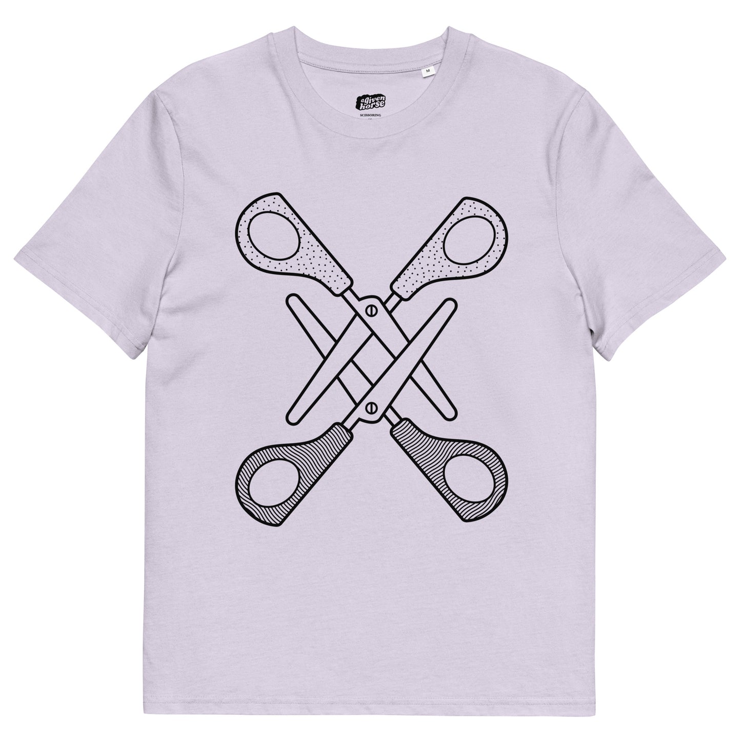 Lila T-Shirt met een afbeelding van twee scharen, ontwerp door Matzwart en verkrijgbaar bij cadeauwinkel 'A Given Horse'. Voorkant.